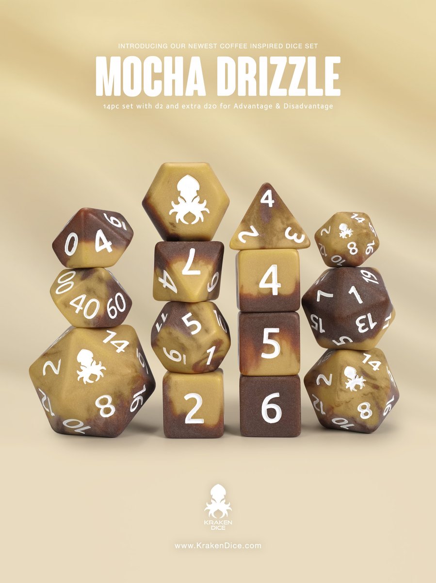 KrakenDice's tweet photo. Experience the latest creation from Kraken Dice, inspired by the delicious world of coffee: Mocha Drizzle Dice Set. #DND #KrakenDice #Pathfinder #RPG #TTRPG #DiceGoblin #MTG #D6 #spindown #Warhammer #TableTopGames https://t.co/sqKMvps9pS