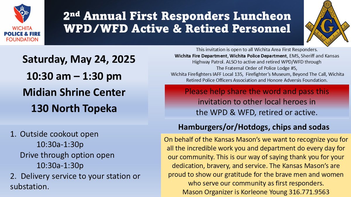 📣 You're Invited!
The Masons are hosting their 2nd Annual First Responder Luncheon to honor your service.

🗓️ Friday, May 24
⏰ 10:30 AM – 1:30 PM
📍 130 N. Topeka

All first responders—active or retired—are welcome:
👮 Police
🚒 Fire
🚑 EMS
🏥 Nurses

Join them for a meal,