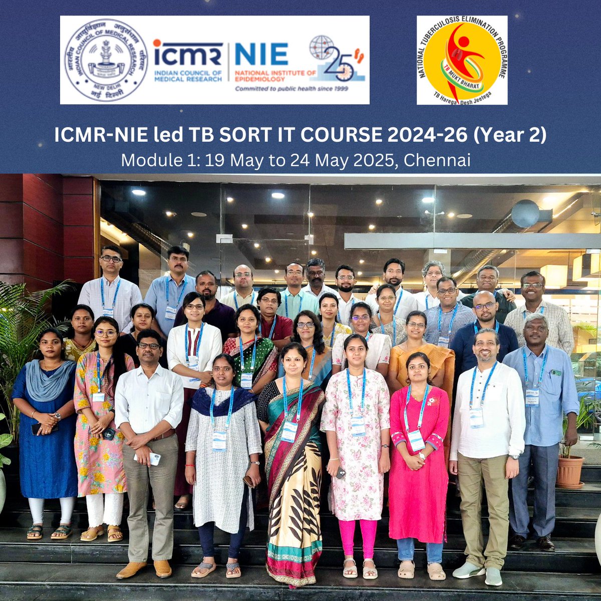 Module 1 (Year 2, 2025-26, #MPHISOR) of ICMR-NIE TB #SORTIT course 2024-26, Chennai,  19-24 May 2025.

Group photo of the mentees, mentors, Director-in-charge ICMR-NIE, and special guests. 

Module 1 is on Operational Research and Protocol Development

<a href="/ICMRDELHI/">ICMR</a> @Tbdivision