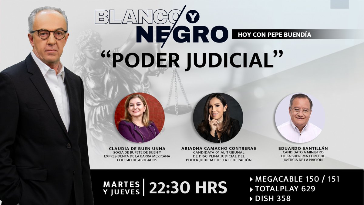 📹🇲🇽🗳️Elecciones judiciales ¿Saben los ciudadanos por quién van a votar? El análisis en Blanco y Negro con: <a href="/JoseBuendiaMx/">José Buendía</a>, <a href="/clausdebuen/">Claudia de Buen Unna</a> Socia de Bufete de Buen, <a href="/ariadnacamacho/">Ariadna Camacho C.</a> Candidata y Eduardo <a href="/santillan/">Julio Santillan-Aldana</a>, Candidato a ministro.
📺Este martes 22:30 horas