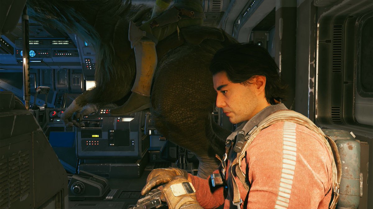 Anonomopototo's tweet photo. Bode Akuna ignoring all of the Nekkos Cal keeps bringing on the Mantis. #StarWarsJediSurvivor #BodeAkuna https://t.co/3uspJNBBvC