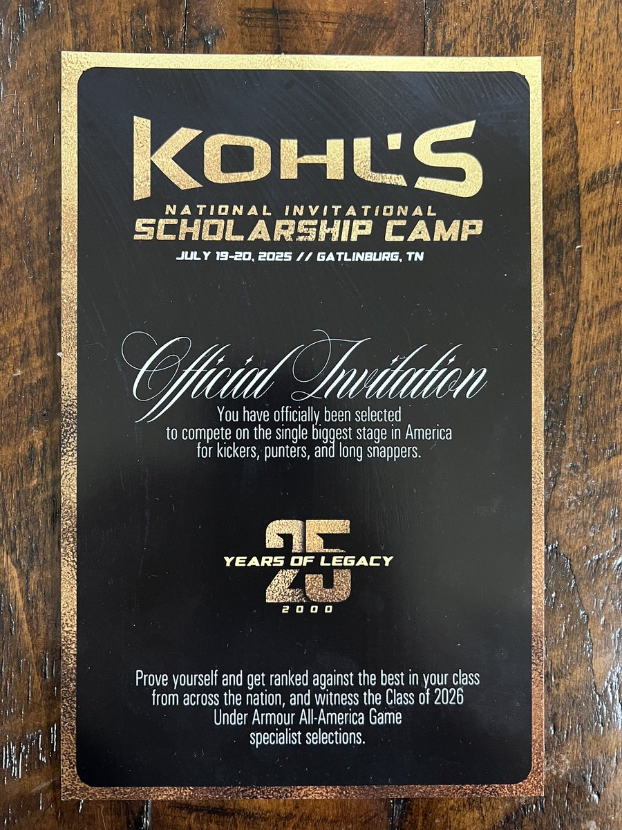 Very grateful to receive an invitation to Kohl's National Invitational Scholarship Camp this summer!

<a href="/RecruitAllen/">Allen Eagles Recruiting</a> <a href="/CoachLWig/">Lee Wiginton</a> <a href="/alleneaglesfb/">Allen Eagles Football ⭐️⭐️⭐️⭐️⭐️</a> <a href="/Coach_Gonzales/">Victor Gonzales, Jr.</a> <a href="/KohlsKicking/">Kohl's Kicking Camps</a> <a href="/LarryWMcrae/">Coach Larry McRae</a> <a href="/CoachIngraham/">Brian Ingraham</a> <a href="/COACH_AK/">Kingsley Akinwole</a>