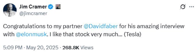 unusual_whales's tweet photo. BREAKING: Jim Cramer says he likes Tesla, $TSLA, very much https://t.co/feZ1ICBqTu