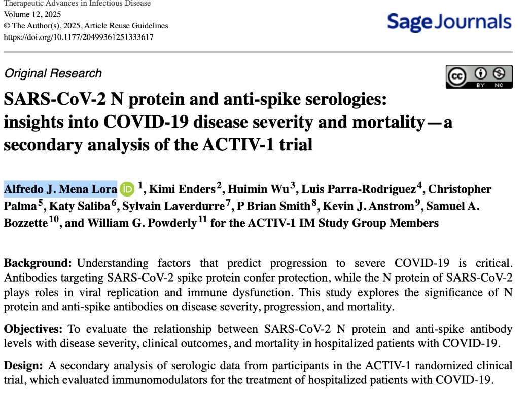 During COVID-19 and beyond, our Division has remained engaged in clinical research. In this recent subanalysis of the ACTIV-1 trial, <a href="/amenalor/">Alfredo J Mena Lora MD FIDSA</a> et al examined the role of SARS-CoV-2 N protein and anti-spike antibodies in predicting COVID-19 severity and mortality. <a href="/UICDom/">University of Illinois Department of Medicine</a>