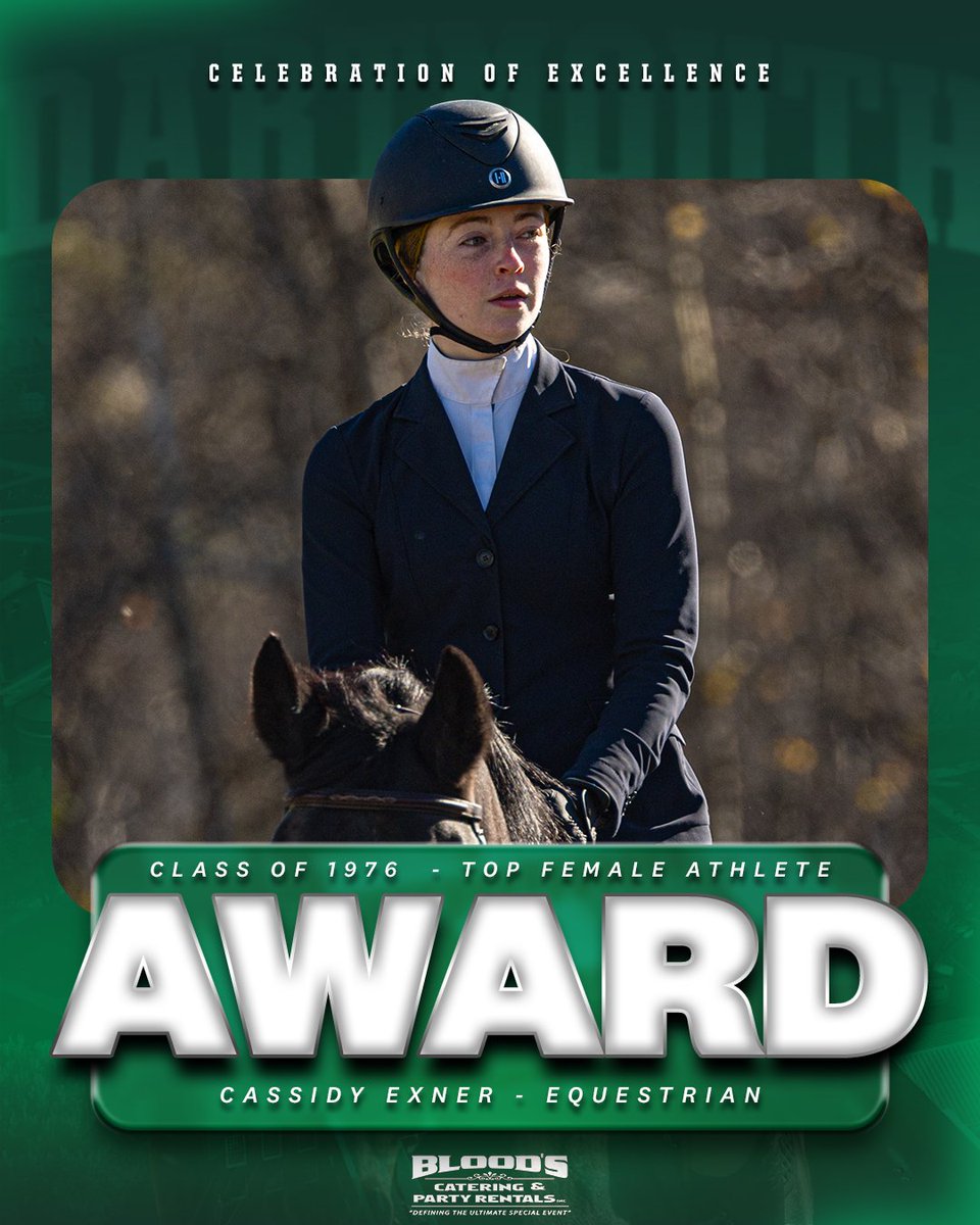 Dartmouth Athletics (@dartmouthsports) on Twitter photo The winner of the 2025 Class of 1976 Award is Cassidy Exner from <a href="/DartmouthD1Eq/">Dartmouth Equestrian</a>
Congratulations, Cassidy!
#GoBigGreen | #TheWoods🌲 The winner of the 2025 Class of 1976 Award is Cassidy Exner from <a href="/DartmouthD1Eq/">Dartmouth Equestrian</a>
Congratulations, Cassidy!
#GoBigGreen | #TheWoods🌲