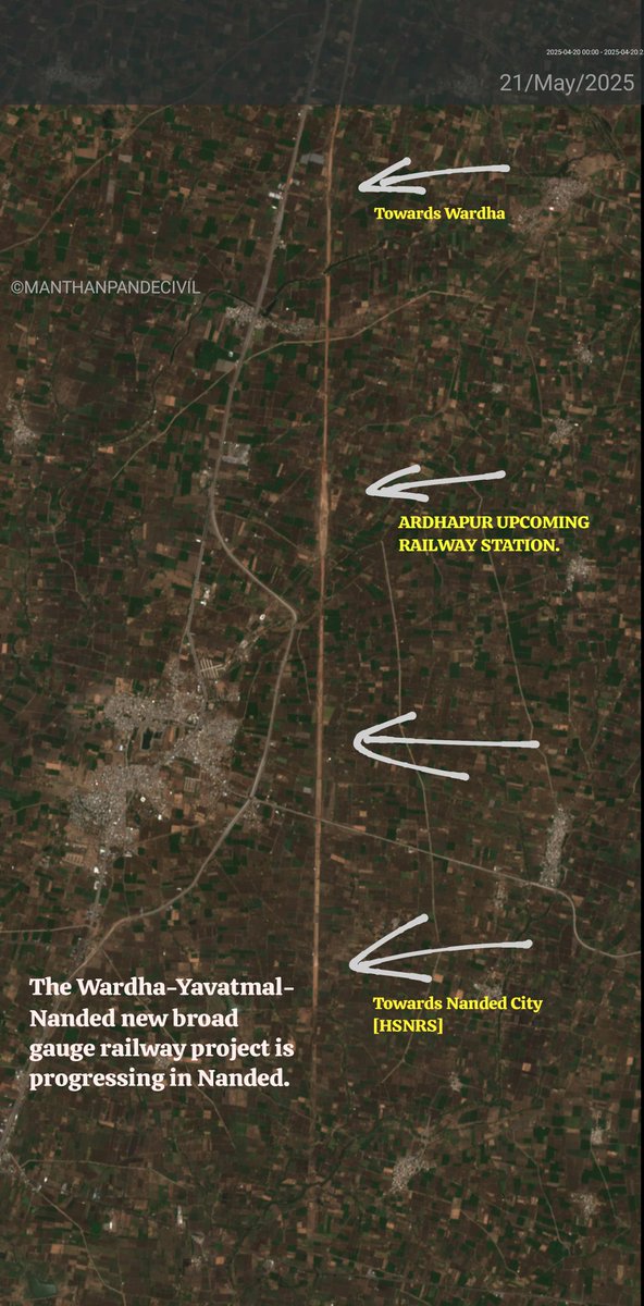 MANTHANPANDE04's tweet photo. Wardha-Nanded railway line project is a new broad gauge line connecting Wardha in Vidarbha to Nanded in Marathwada, Maharashtra, India, via Yavatmal and Pusad. The line is approximately 284 kilometers long. 
The Significant Progress Can be seen In this Image . #Nanded #IndianRail https://t.co/HJDBuqYIsj