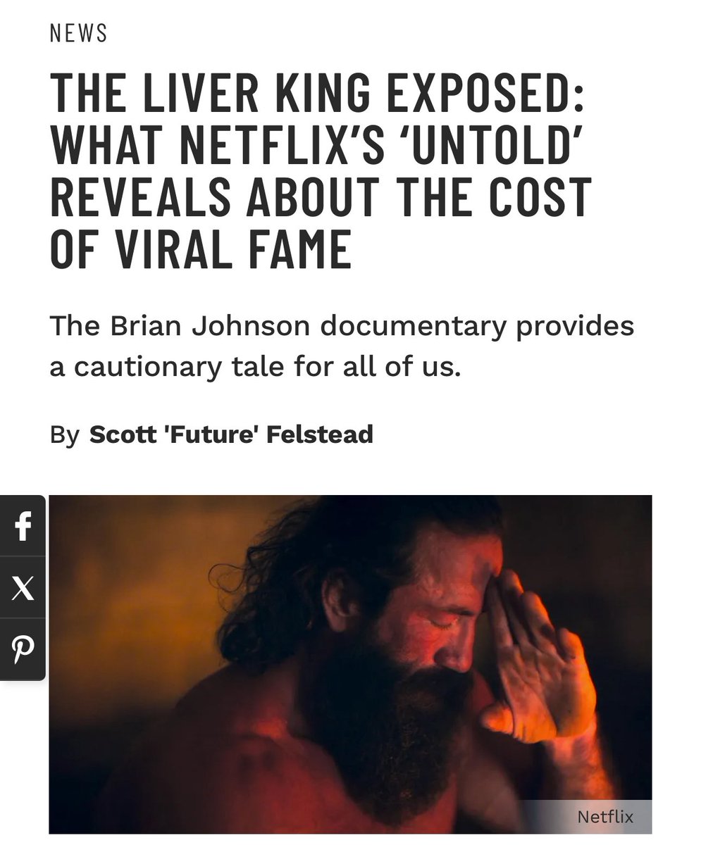 muscle_fitness's tweet image. THE LIVER KING EXPOSED: WHAT NETFLIX’S ‘UNTOLD’ REVEALS ABOUT THE COST OF VIRAL FAME

The Brian Johnson documentary provides a cautionary tale for all of us.
By Scott 'Future' Felstead

Read Article 
muscleandfitness.com/athletes-celeb…

#celebrities #celebritynews #entertainers