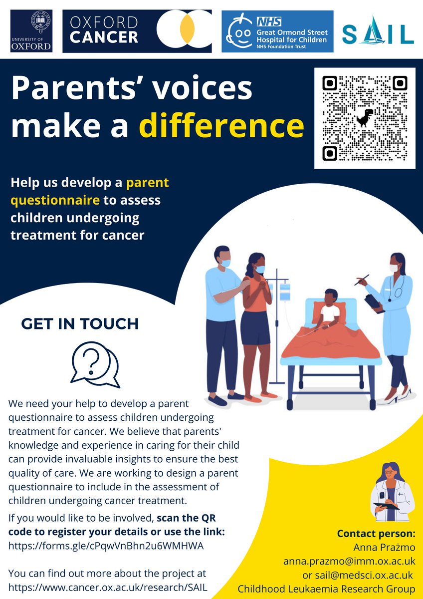 andiroy's tweet image. Are you a parent whose child is undergoing/has previously had treatment for cancer? We welcome you to join our infant leukaemia study team (cancer.ox.ac.uk/research/SAIL) to help develop a parent reported outcome questionnaire. Details of how to join/contact us below. Please share.