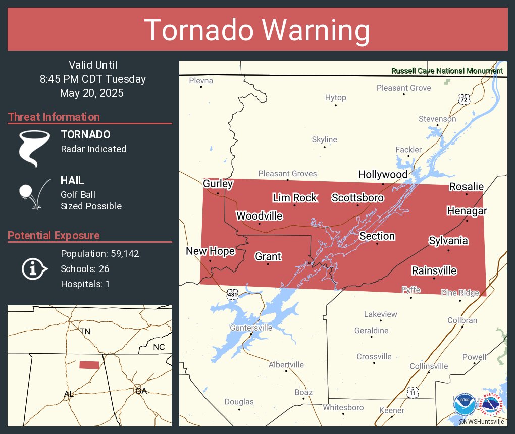 NWStornado's tweet image. Tornado Warning including Scottsboro AL, Rainsville AL and  New Hope AL until 8:45 PM CDT
