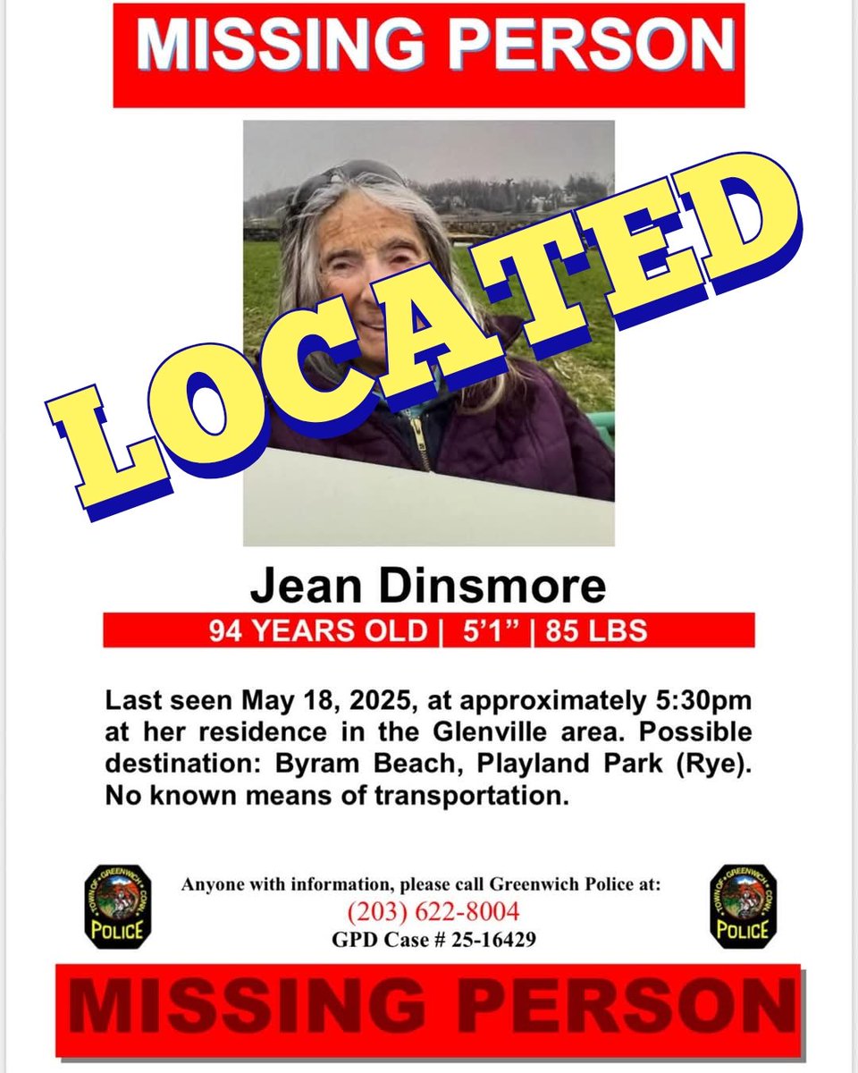 Greenwich PD PIO (@greenwichctpd) on Twitter photo **🚨 Important Update 🚨**
Ms. Dinsmore has been located and is currently being transported to Westchester Medical Center. The Greenwich Police Department extends its gratitude to everyone for their assistance. A formal press release will be forthcoming.
<a href="/GreenwichCTOFS/">Town of Greenwich CT</a> **🚨 Important Update 🚨**
Ms. Dinsmore has been located and is currently being transported to Westchester Medical Center. The Greenwich Police Department extends its gratitude to everyone for their assistance. A formal press release will be forthcoming.
<a href="/GreenwichCTOFS/">Town of Greenwich CT</a>