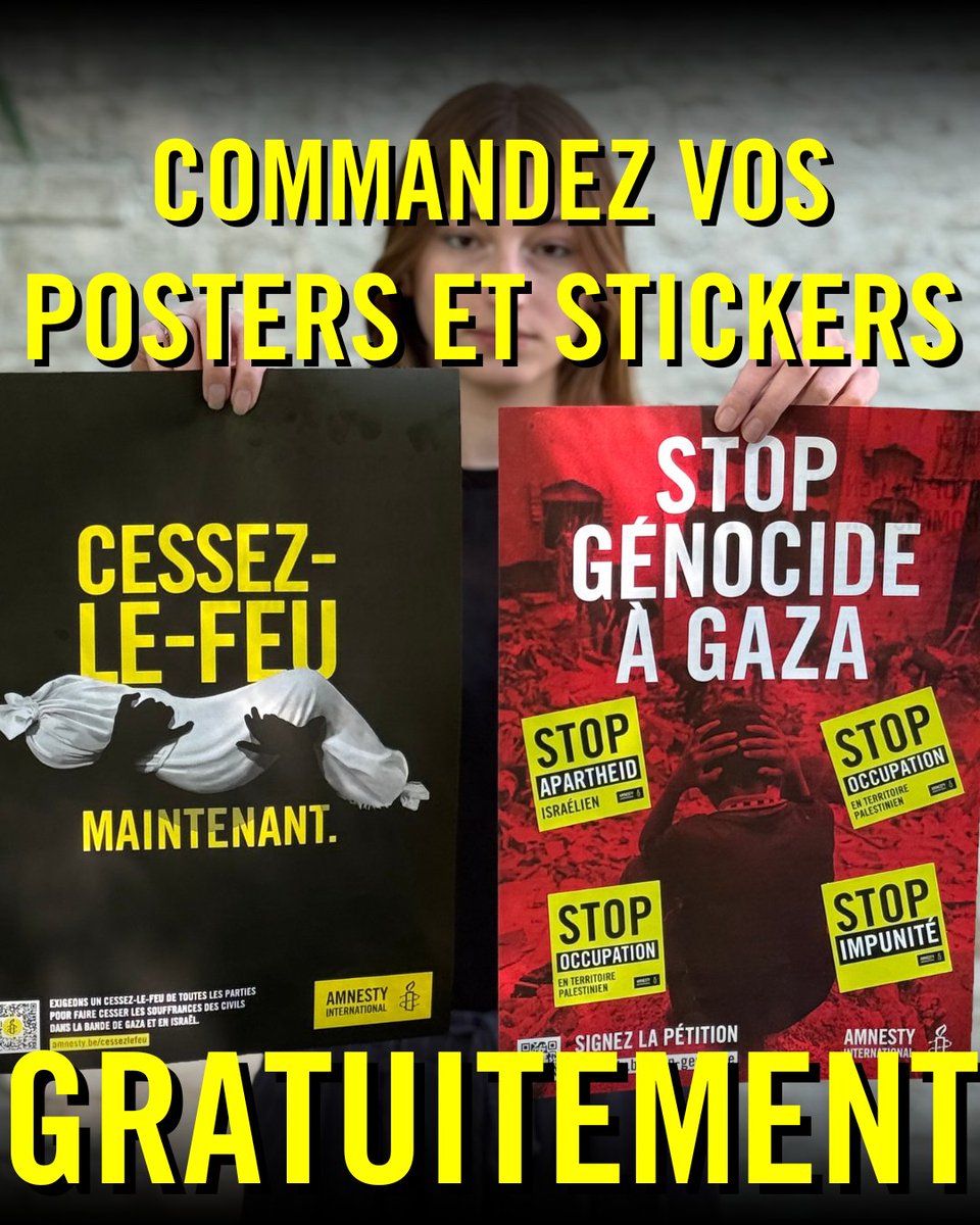 📣 Affichez votre solidarité avec Gaza !
Commandez gratuitement nos affiches &amp; autocollants :

🛑 Stop génocide
🕊️ Cessez-le-feu immédiat
✊ Stop impunité, apartheid, occupation
Commandez ici 👇
docs.google.com/forms/d/e/1FAI…
#StopGenocide