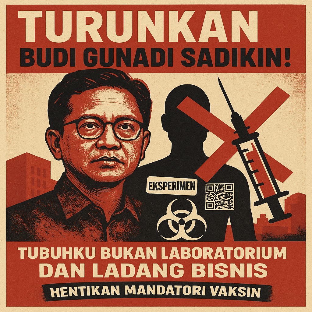 Vaksin adalah hak, bukan paksaan. Jangan jadikan rakyat objek eksperimen demi kepentingan industri.
Turunkan Budi Gunadi Sadikin! Hentikan mandatori vaksin!

📢 Saatnya bersuara demi kedaulatan tubuh dan hak atas kesehatan yang adil dan transparan.

#Komisi9 #DPRRI #PresidenRI