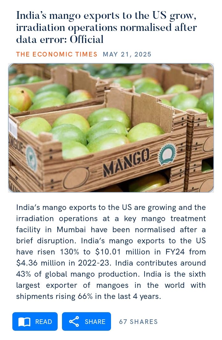 Deepakk05169538's tweet image. India’s mango exports to the US grow, irradiation operations normalised after data error: Official
economictimes.indiatimes.com/news/economy/f…

via NaMo App