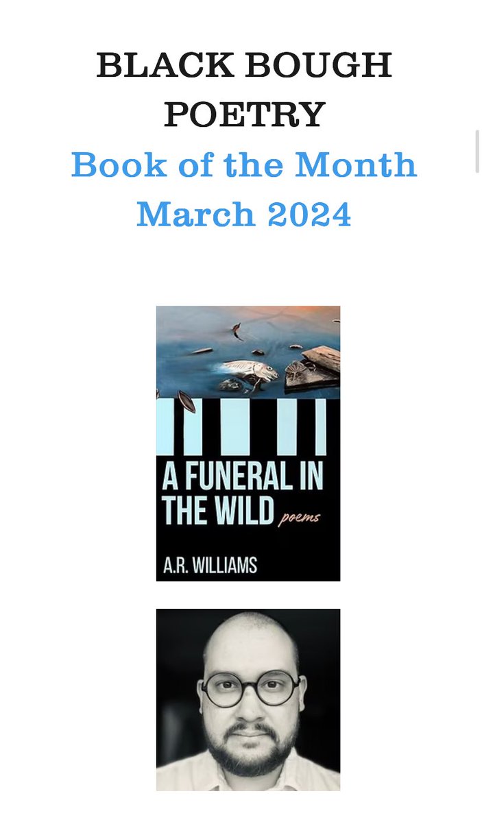 Matthew M C Smith (@matthewmcsmith) on Twitter photo On our special, extended <a href="/TopTweetTuesday/">TopTweetTuesday</a> reviews week
‘A Funeral in the Wild’ by <a href="/arw_poetry/">A.R. Williams</a> - review by <a href="/Glenn_A_Barker/">Glenn Barker ✍📚</a>
blackboughpoetry.com/book-reviews-d… On our special, extended <a href="/TopTweetTuesday/">TopTweetTuesday</a> reviews week
‘A Funeral in the Wild’ by <a href="/arw_poetry/">A.R. Williams</a> - review by <a href="/Glenn_A_Barker/">Glenn Barker ✍📚</a>
blackboughpoetry.com/book-reviews-d…