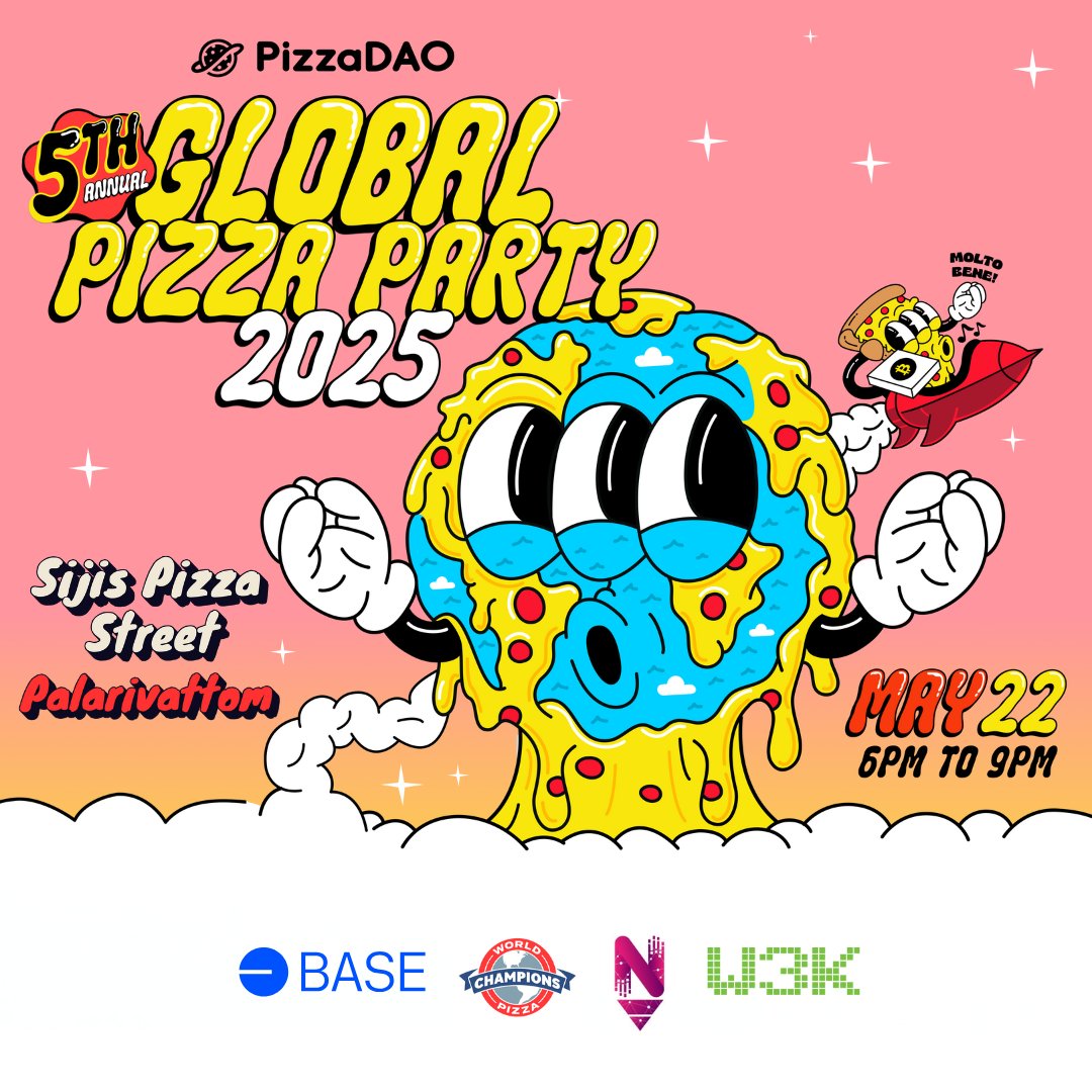 From Satoshi to slices 🍕

Tomorrow we are celebrating Bitcoin Pizza Day with a Global Pizza Party on May 22 🎉

Community partners for the Global Pizza Party, Kochi  <a href="/Web3_kerala/">Web3 Kerala</a>  &amp; <a href="/0xnefto/">Nefto</a> 

Registration Link: app.unlock-protocol.com/event/global-p…