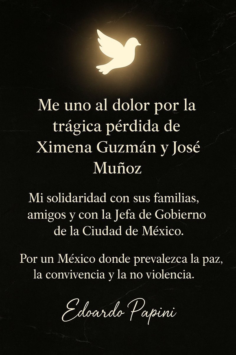 Me uno al dolor por la trágica pérdida de #XimenaGuzmán y #JoséMuñoz

Mi solidaridad con sus familias, amigos y con la Jefa de Gobierno de la Ciudad de México <a href="/ClaraBrugadaM/">Clara Brugada Molina</a> 

Por un #México donde prevalezca la #paz, la convivencia y la no violencia

#EdoardoPapini #ClaraBrugada