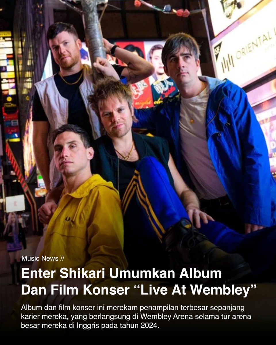Grup musik asal Inggris, Enter Shikari, mengumumkan perilisan album live terbaru bertajuk ‘Live At Wembley’ yang akan disertai film konser. Proyek ini dijadwalkan rilis pada 11 Juli 2025. Simak informasi selengkapnya di Gigsplay.com