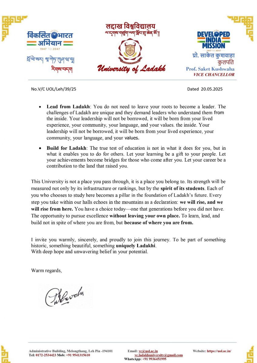 Mohmad Haneefa (@haneefa_jan) on Twitter photo To the youth of Ladakh: the future is calling, and it begins at home.
Under the visionary leadership of Prof. Saket Kushwaha <a href="/Saket_Kushwaha4/">Prof. Saket Kushwaha</a> , <a href="/ULadakh/">UNIVERSITY OF LADAKH</a> is striving hard in its mission to rise from within.
Join the journey. Learn in Ladakh. Lead from Ladakh.
Admissions to To the youth of Ladakh: the future is calling, and it begins at home.
Under the visionary leadership of Prof. Saket Kushwaha <a href="/Saket_Kushwaha4/">Prof. Saket Kushwaha</a> , <a href="/ULadakh/">UNIVERSITY OF LADAKH</a> is striving hard in its mission to rise from within.
Join the journey. Learn in Ladakh. Lead from Ladakh.
Admissions to