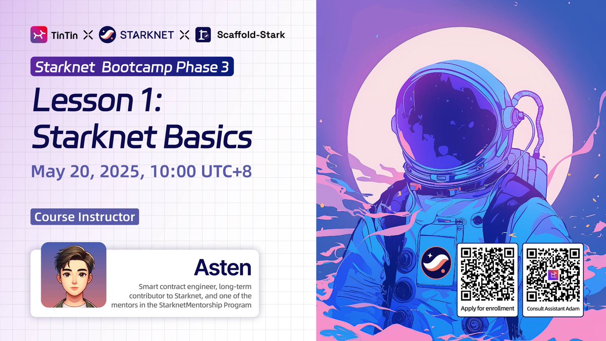 TinTinLand (@ourtintinland) on Twitter photo π‘ The first lesson of "Starknet Smart Contract Development Practice" jointly launched by TinTinLand x <a href="/Starknet/">Starknet πΊπ±</a> x <a href="/ScaffoldStark/">Speedrun & Scaffold Stark</a> is now online!
β‘ Lesson 1: Starknet Basics
ποΈ Mentor: <a href="/0xasten/">Asten</a> | Smart Contract Engineer, long-time Starknet contributor, one of the mentors in the π‘ The first lesson of "Starknet Smart Contract Development Practice" jointly launched by TinTinLand x <a href="/Starknet/">Starknet πΊπ±</a> x <a href="/ScaffoldStark/">Speedrun & Scaffold Stark</a> is now online!
β‘ Lesson 1: Starknet Basics
ποΈ Mentor: <a href="/0xasten/">Asten</a> | Smart Contract Engineer, long-time Starknet contributor, one of the mentors in the