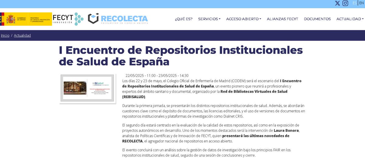 I Encuentro de Repositorios Institucionales de Salud de España organizado por <a href="/rebisalud/">REBISALUD</a> 

Representación institucional por parte de <a href="/pinincarolina/">Carolina</a> 

Más info en: recolecta.fecyt.es/actualidad/i-e…