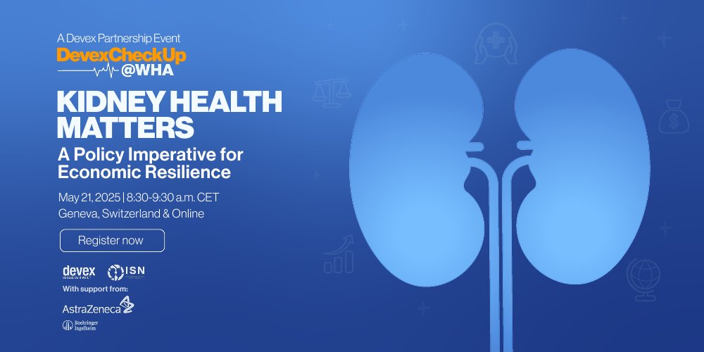 𝗧𝗢𝗗𝗔𝗬: Join <a href="/ISNkidneycare/">Int Society of Nephrology</a> &amp; <a href="/devex/">Devex</a> at our #WHA78 side event: "Kidney Health Matters: A Policy Imperative for Economic Resilience."
🕣 8:30–9:30 CEST
🔎 Explore financing models &amp; partnerships to tackle CKD.
👉 Attend in person or join the live stream: