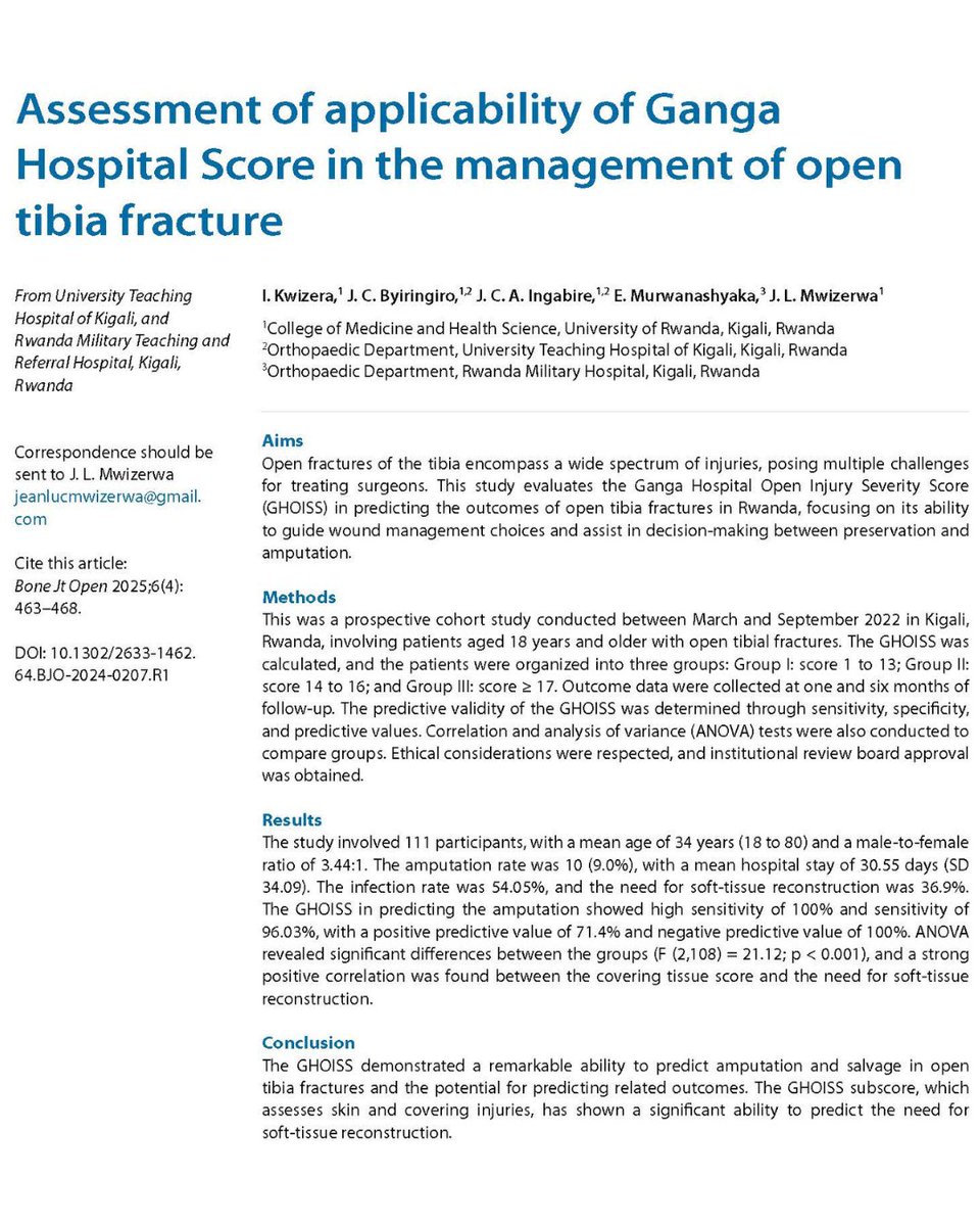 The Ganga Hospital Open Injury Severity Score has shown exceptional discriminative capabilities in predicting amputation likelihood and limb salvage in complex injuries.

#BJO #Trauma #Healthcare #Surgeons <a href="/MwizerwaJeanLuc/">Dr Mwizerwa Jean-Luc</a>

ow.ly/ICUC50VJUkC