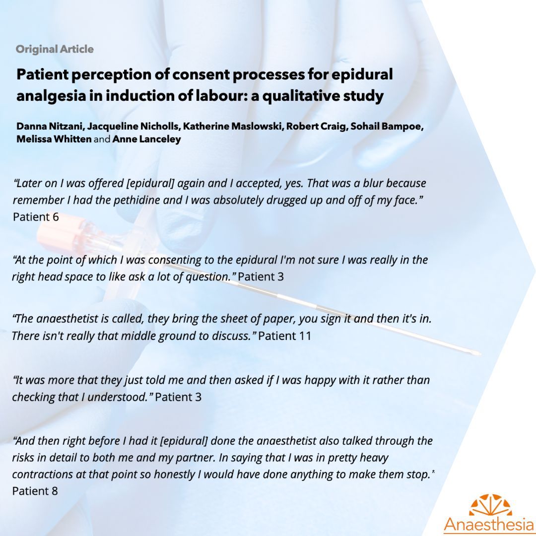 In the context of the pain and exhaustion of labour, inadequate and untimely information provision and dialogue between women and their anaesthetists can undermine the implementation of lawful consent.

#anaesthesia #MedTwitter #obstetrics #pain #consent

doi.org/10.1111/anae.1…