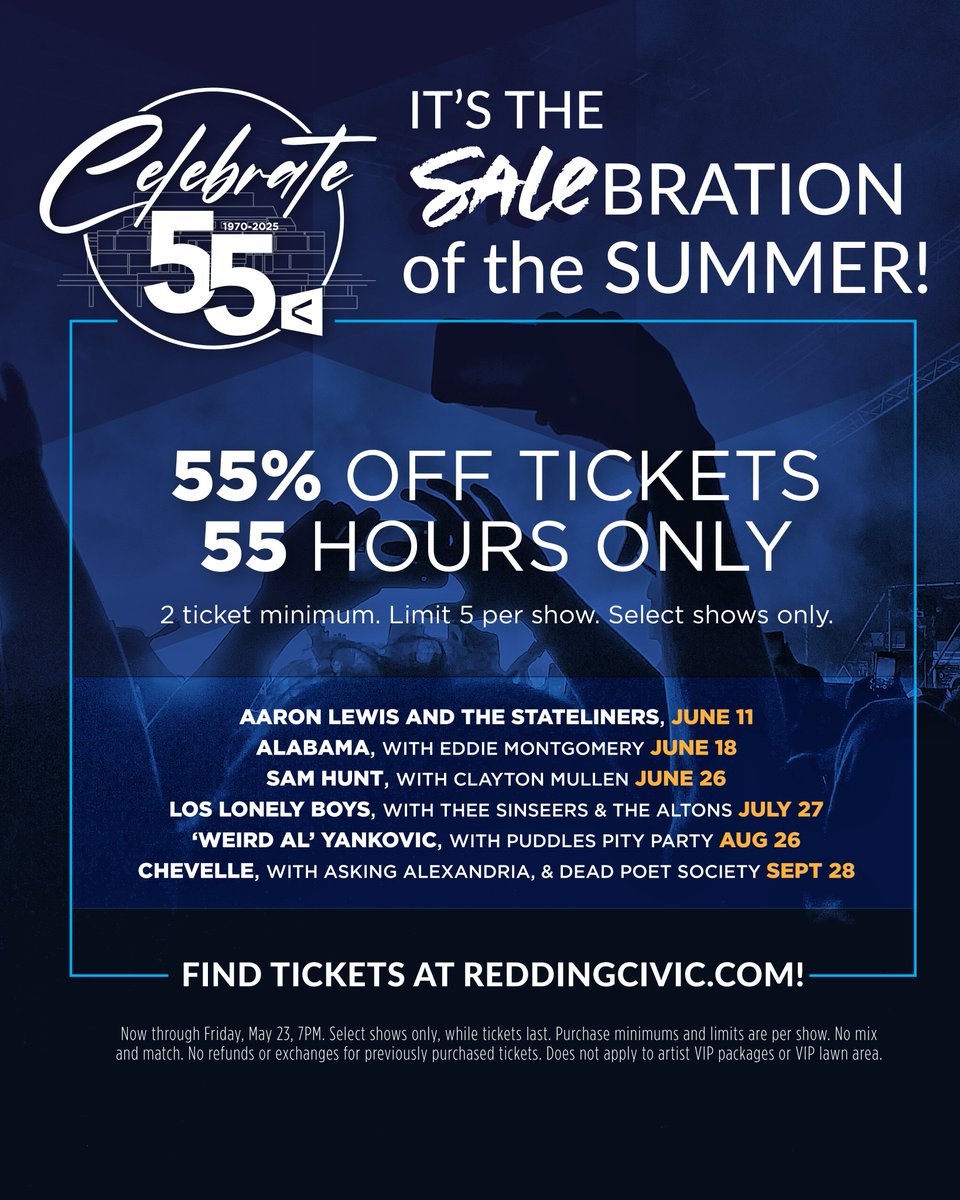 🎉 CELEBRATE 55% OFF TICKETS! 55 HOURS ONLY! 🎉 Select shows, while tickets last! ✨ It's our birthday and you're invited to the party! 🎫 You know what to do. reddingcivic.com/promo
