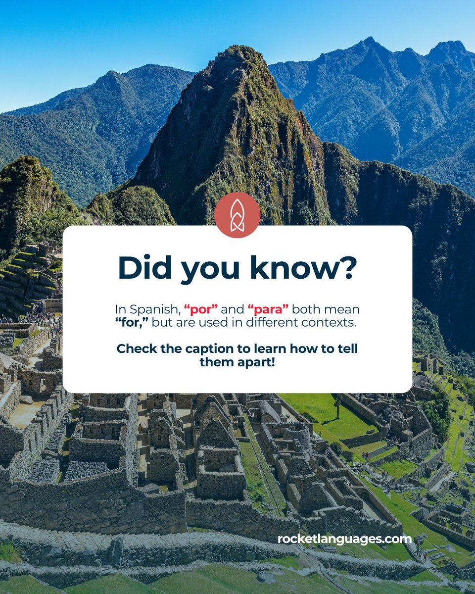 rocketlanguages's tweet photo. Let's break it down:

👉 Use "por" for reasons, causes, or movement.
e.g. Gracias por tu ayuda. (Thanks for your help)

👉 Use "para" for goals, destinations, or recipients.
e.g. Este regalo es para ti. (This gift is for you)

#LearnSpanish #SpanishTips #RocketLanguages https://t.co/brJe5hMGBc