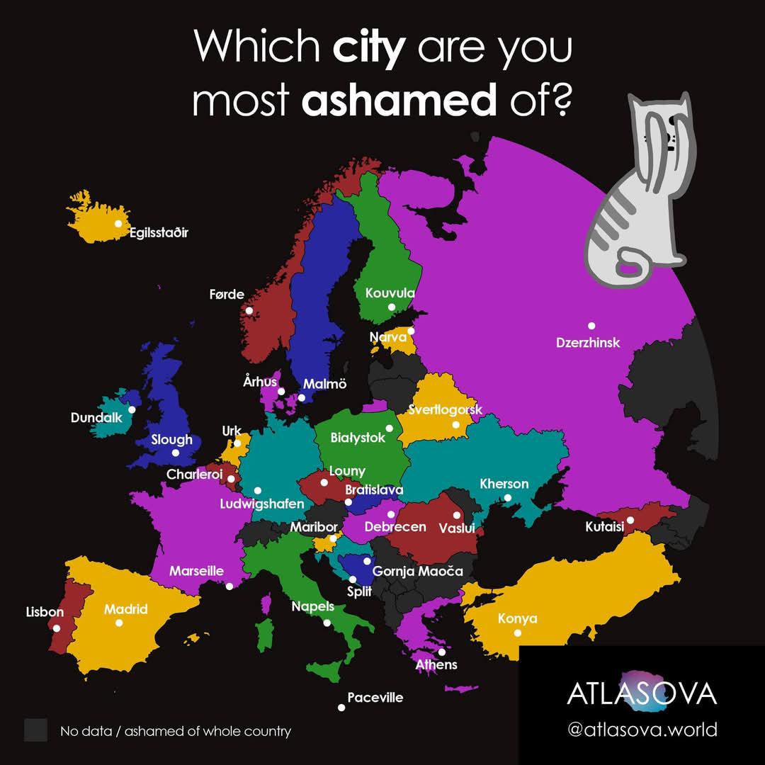 GeoICT055's tweet image. Which city are you most ashamed of in Europe?

Lees meer: linkedin.com/feed/update/ur…

#GeoICT #CityShame #EuropeMap #GeoHumor #DataVisualization

©️ Atlasova