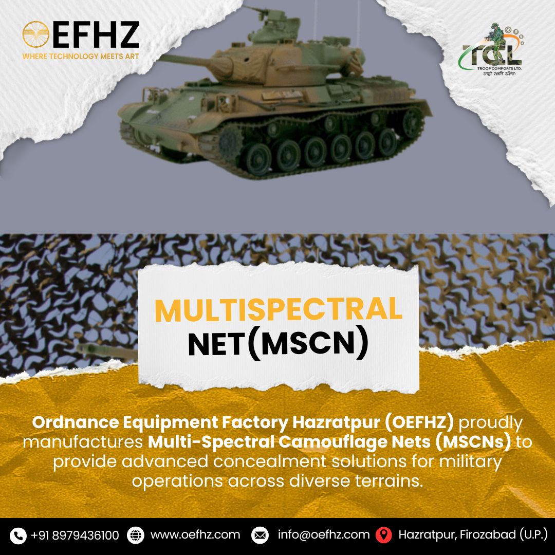 OEFHAZRATPUR's tweet image. 🪖🌫️ Engineered for stealth, built for survival – #OEFHZ proudly manufactures Multi-Spectral Camouflage Nets (MSCNs) for superior battlefield concealment.

✅ Shields Against Visual, IR, Thermal &amp;amp; Radar Detection
✅ Dual-Terrain Reversible Design

#CamouflageNet @TCLKanpur #MSCN