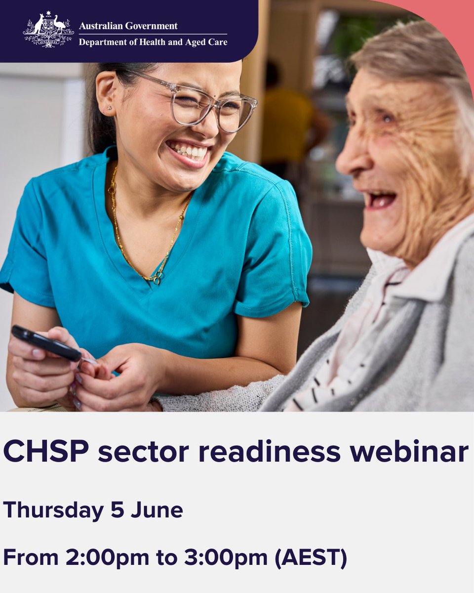 We are hosting a Commonwealth Home Support Programme (CHSP) sector readiness webinar for CHSP providers.

📅 Thursday, 5 June 2025, 2:00pm – 3:00pm AEST

To register, visit 💻 health.gov.au/resources/webi…