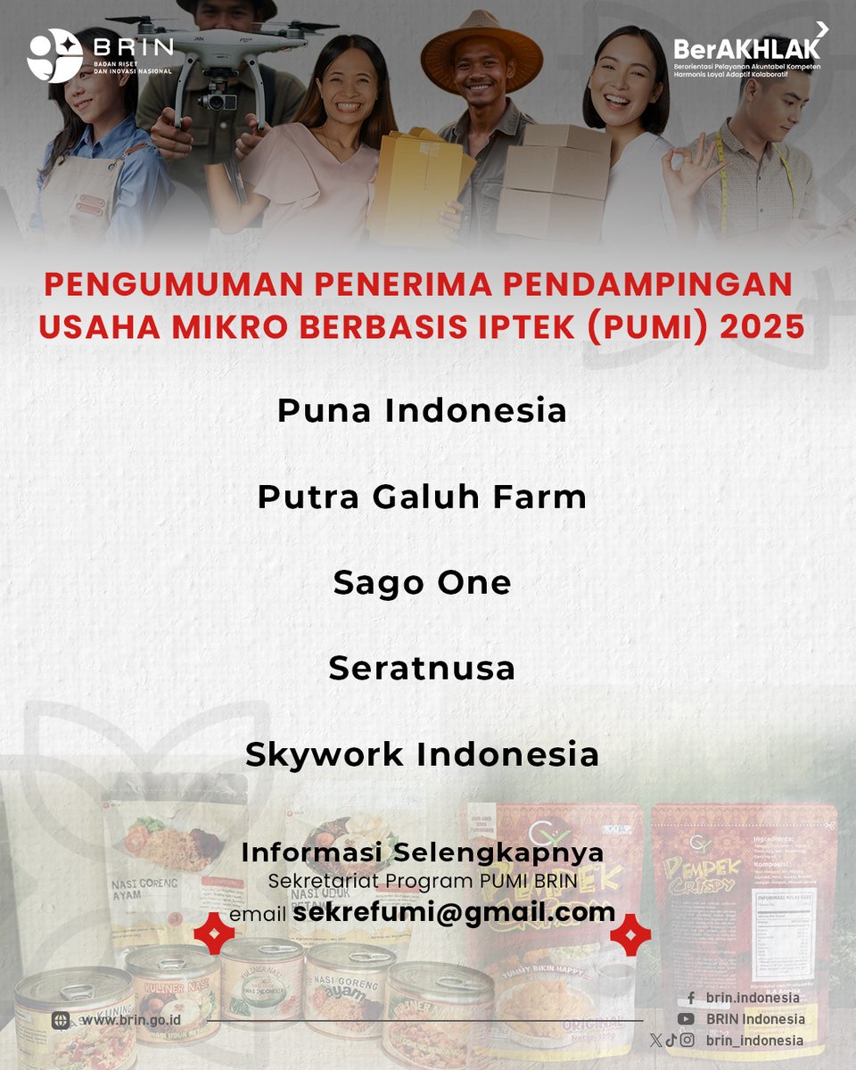 brin_indonesia's tweet photo. Bagi #KawanBRIN yang terpilih, siapkan diri untuk mengembangkan usaha dengan lebih kompetitif dan berdaya saing global.
Info lebih lanjut: sekrefumi@gmail.com
#BRIN #RisetInovasi #UMKM #Wirausaha #BanggaBuatanIndonesia #Pendamping #PUMI https://t.co/bzatA7s4Bf