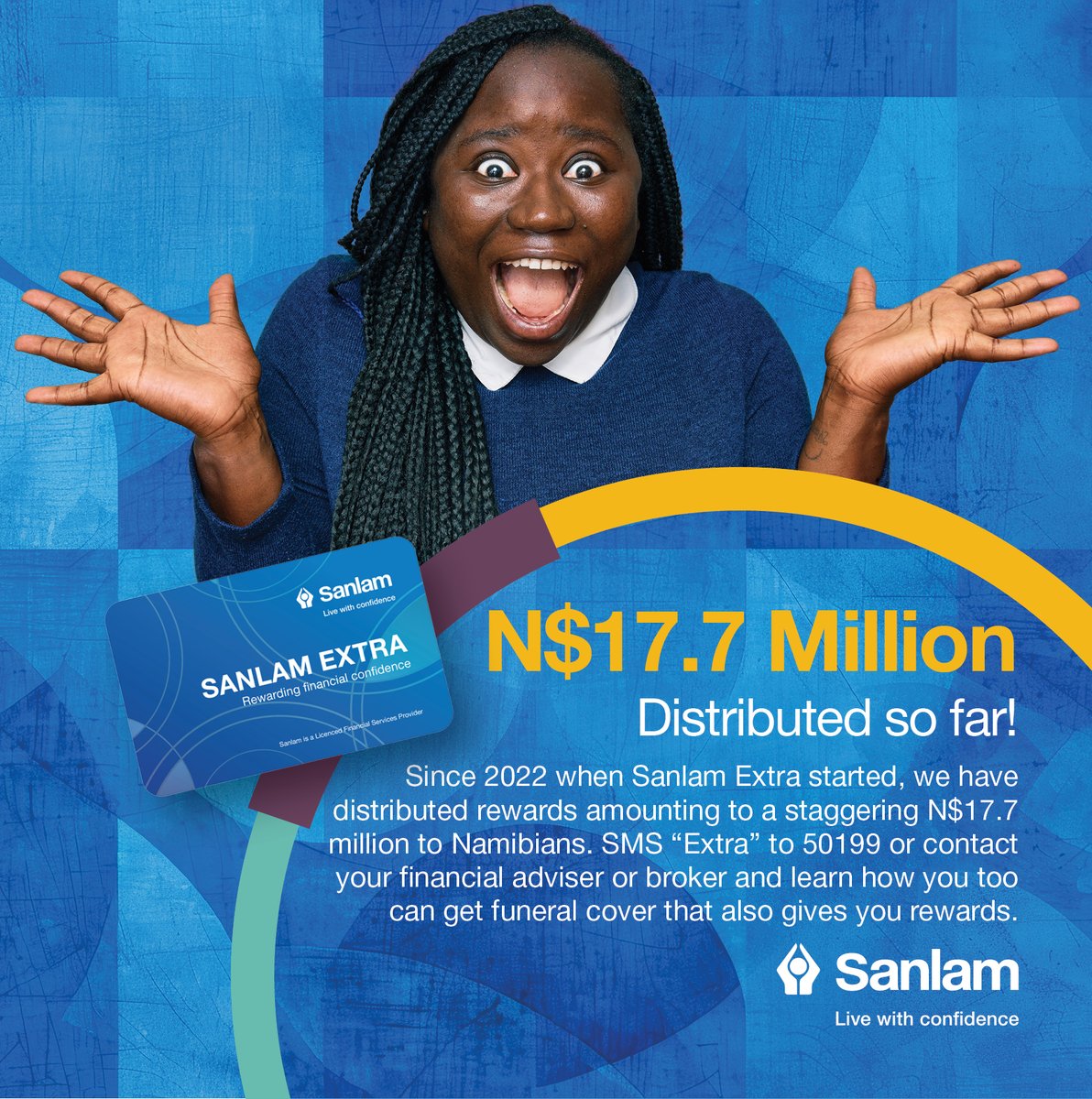 SanlamAllianzN's tweet image. Over N$17.7 million in rewards and counting! Sanlam EXTRA is turning loyalty into real impact for thousands of Namibians.
#SanlamExtraRewards #17MillionInRewards #LoyaltyProgramme #SanlamCares