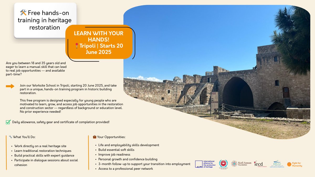 📩 Limited spots available — apply now!  Deadline: 26 May 2025 
For registration, please use the URL here: bit.ly/3S1NUac
<a href="/PPMLebanon/">☮ PPM Lebanon ☮</a> <a href="/KofiAnnanFdn/">Kofi Annan Foundation</a> <a href="/iecdlebanon/">IECD Lebanon</a> <a href="/MocLebanon/">Lebanese Ministry Of Culture</a> <a href="/ALIPHFoundation/">ALIPH Foundation</a>