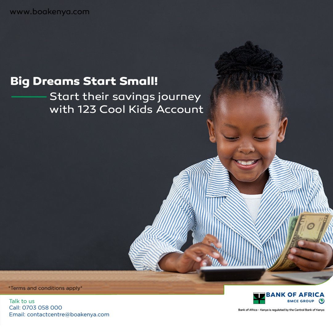 Did you know? Kids who save early develop strong math skills and financial discipline. Start their journey with our 123 Cool Kids Account - just KES 500 to open! . Call us on  0703 058 000 or visit your nearest BOA branch to apply

#BOAKenya #123KidsAccount