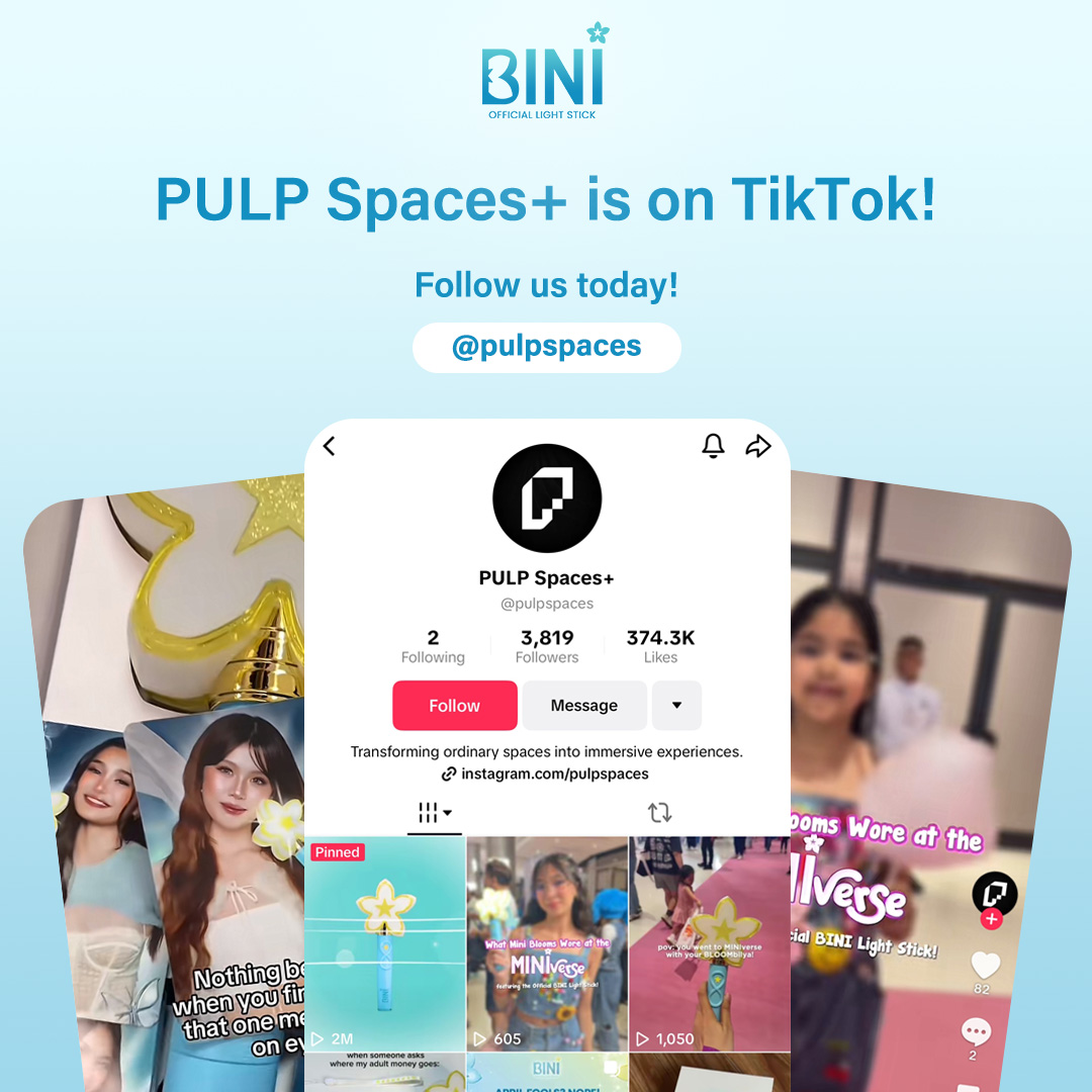 PULPSpaces's tweet image. PULP SPACES+ IS ON TIKTOK! 🫡 Catch all the light stick tips, fun content, and exciting updates you don't want to miss!📱🤙🏻 

Connect with us now! ➡️ tiktok.com/@pulpspaces 

#PULPSpacesXBINI #BINILightStick #BINI