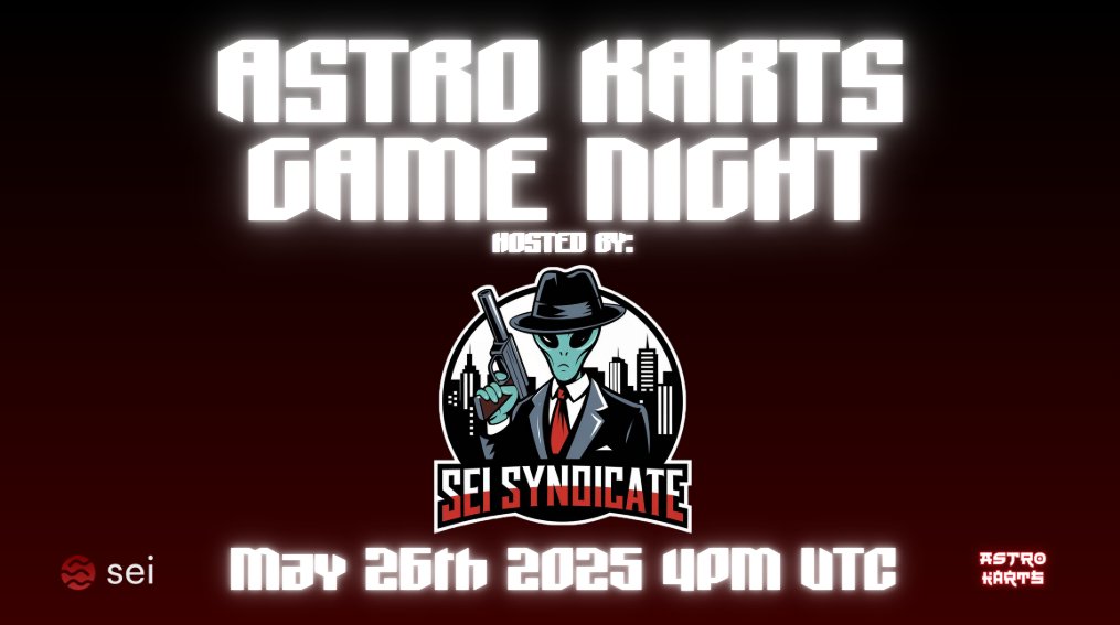 We’re racing. We’re yelling. Someone’s blaming lag (<a href="/tdotdoublevdot/">tdot</a>). Someone's smashing the competition (<a href="/darren_bayley/">Bayleytron</a>).

It’s <a href="/playAstroKarts/">Astro Karts 🛸</a> night with the $Sei Syndicate.

👽Peep the image - note the start time. Don’t show up soft.
