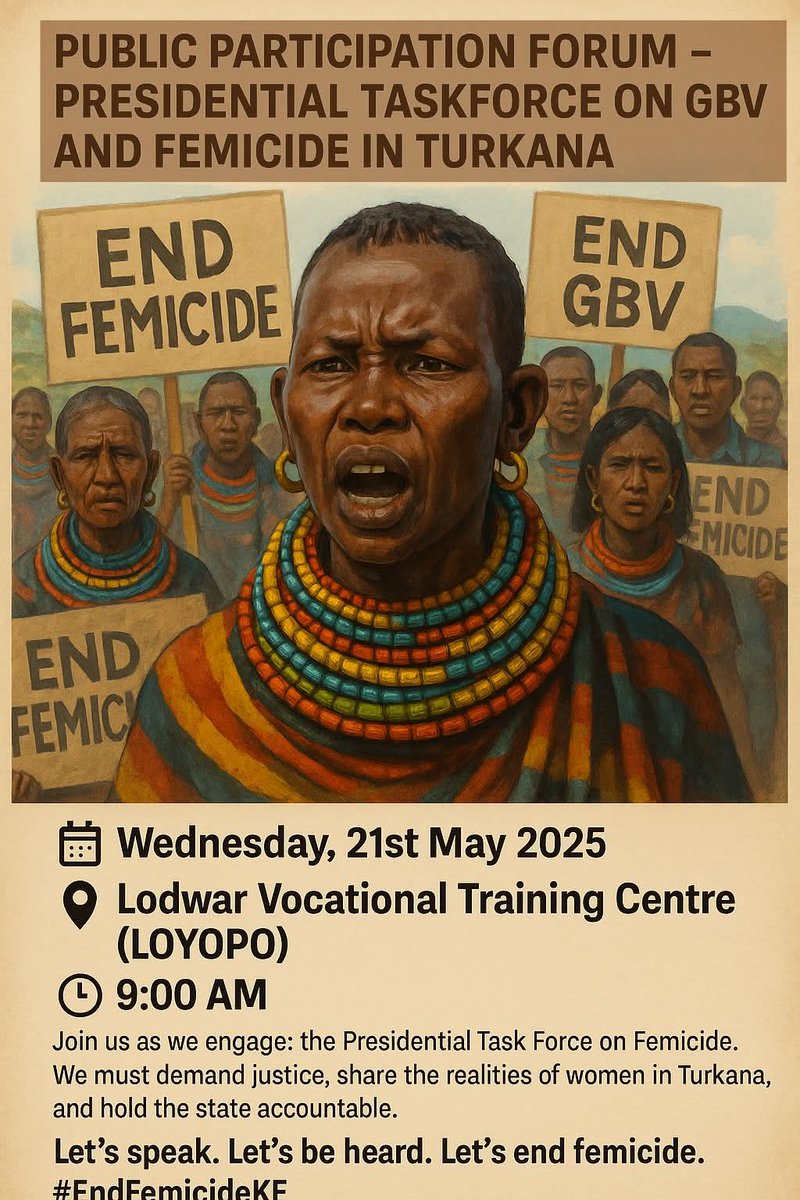 FoLTurkana's tweet photo. 🔴 Public Participation on GBV &amp; Femicide

📍 Lodwar VTC (LOYOPO)
🗓️ Today, 21st May | 🕘 9:00 AM

As the #EndFemicideKE movement, we will be delivering a memorandum demanding, including other interventions,  that femicide be recognised as a specific crime.

Show up. Speak out ✊🏿 https://t.co/pMY9lOh8T1