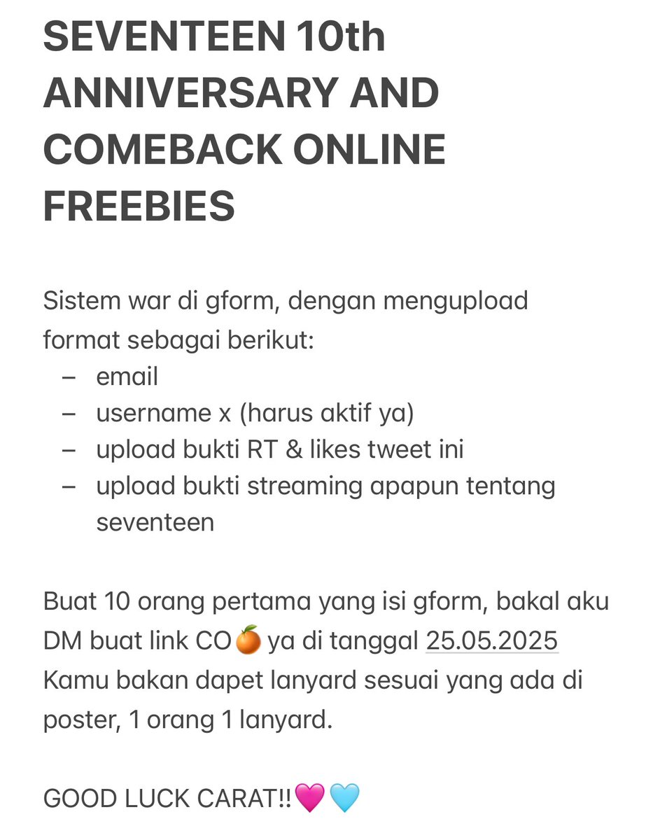 horangbwin's tweet photo. [rt and likes are appreciated] .ᐟᯓ★ 

HAPPY BIRTHDAY SEVENTEEN!🎉

Online freebies exsclusive for carat only!🩷🩵👀

Mohon untuk membaca semua rules yang ada di gambar ya 👀👇🏻

Link gform: https://t.co/0SJ0A6uA1T

Link dibuka tanggal 24 jam 20.00-22.00 WIB.

Good luck!☘️ https://t.co/Memkew5BAm