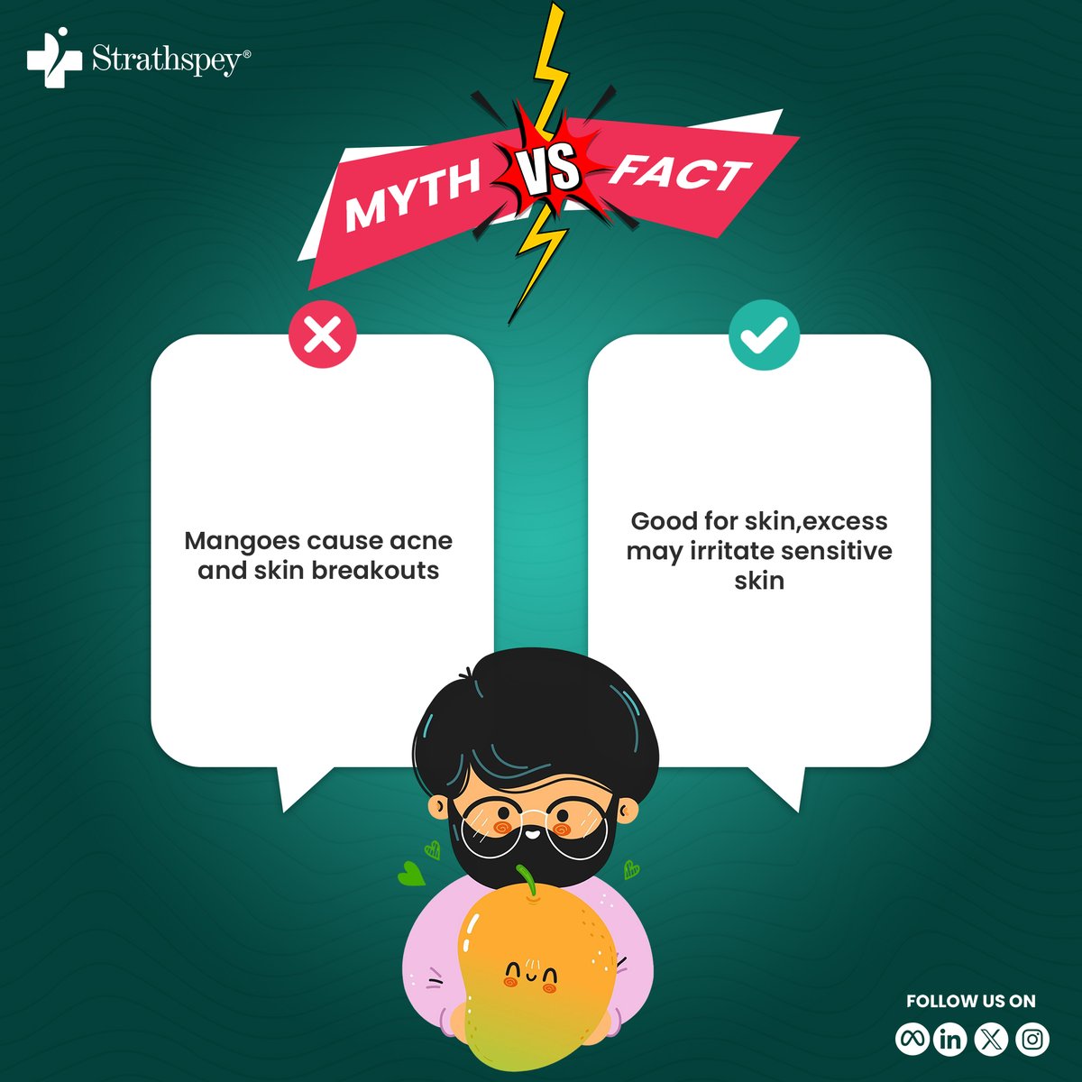 LabsStrathspey's tweet photo. 🥭 Myth Busted!
Think mangoes cause acne? Not quite! 🍑 While overindulging may irritate sensitive skin, mangoes are great for your skin thanks to their rich vitamin content. 

#MythVsFact #SkinCareMyths #Strathspey #StrathspeyLabs https://t.co/BZPRjpc5Eg