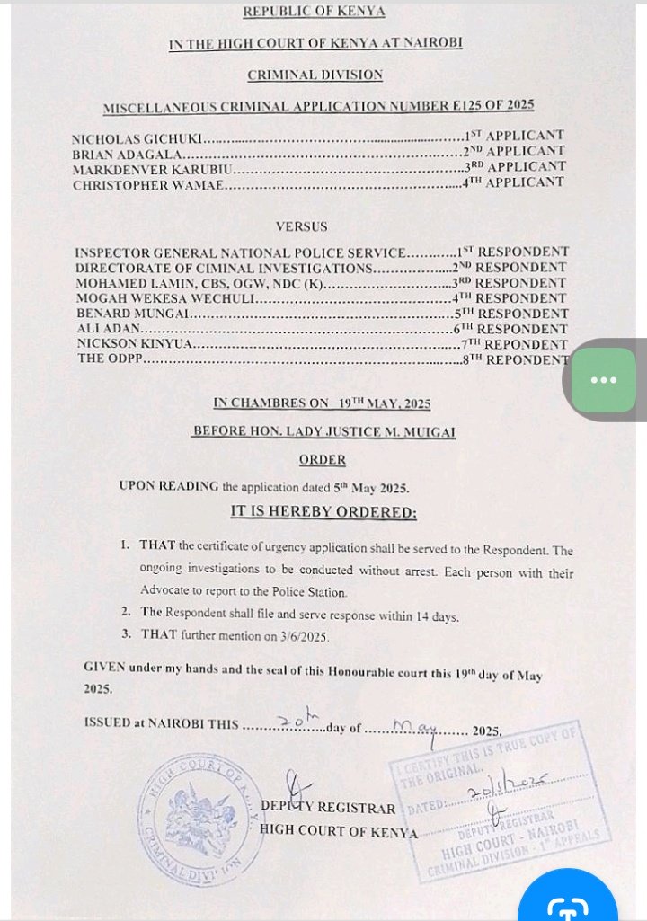 Ian Mutiso (ايان موتيسو مبوتيلا) (@eyanm) on Twitter photo We are honoring the court scheduled <a href="/DCI_Kenya/">DCI KENYA</a> Summons. On behalf of <a href="/LawSocietyofKe/">Law Society of Kenya</a> together with <a href="/NjanjaMaina/">Njanja Maina</a> , <a href="/joshuamalidzo/">Joshua Malidzo Nyawa</a> <a href="/AmNws/">ปวย เล้ง</a> <a href="/DanielMaanzo/">Daniel Kitonga Maanzo, EBS</a> we shall be escorting our clients. Ps. we have Injunctive Orders <a href="/citizentvkenya/">Citizen TV Kenya</a> <a href="/ntvkenya/">NTV Kenya</a> <a href="/StandardKenya/">The Standard Digital</a> <a href="/tv47news/">TV47</a> <a href="/K24Tv/">K24 TV</a> We are honoring the court scheduled <a href="/DCI_Kenya/">DCI KENYA</a> Summons. On behalf of <a href="/LawSocietyofKe/">Law Society of Kenya</a> together with <a href="/NjanjaMaina/">Njanja Maina</a> , <a href="/joshuamalidzo/">Joshua Malidzo Nyawa</a> <a href="/AmNws/">ปวย เล้ง</a> <a href="/DanielMaanzo/">Daniel Kitonga Maanzo, EBS</a> we shall be escorting our clients. Ps. we have Injunctive Orders <a href="/citizentvkenya/">Citizen TV Kenya</a> <a href="/ntvkenya/">NTV Kenya</a> <a href="/StandardKenya/">The Standard Digital</a> <a href="/tv47news/">TV47</a> <a href="/K24Tv/">K24 TV</a>