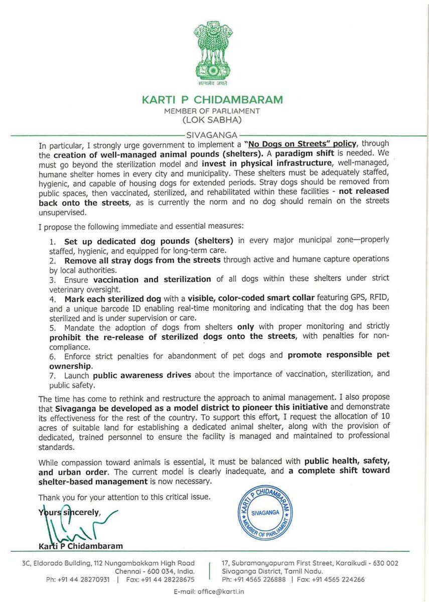 Karti P Chidambaram (@kartipc) on Twitter photo I have written to Thiru <a href="/mkstalin/">M.K.Stalin</a> Honourable <a href="/CMOTamilnadu/">CMOTamilNadu</a> about having a тАЬNo Dogs on StreetsтАЭ policy. Just Vaccination & Sterilisation is not enough. Dogs must be removed from the streets & housed in well managed animal shelters. I have written to Thiru <a href="/mkstalin/">M.K.Stalin</a> Honourable <a href="/CMOTamilnadu/">CMOTamilNadu</a> about having a тАЬNo Dogs on StreetsтАЭ policy. Just Vaccination & Sterilisation is not enough. Dogs must be removed from the streets & housed in well managed animal shelters.
