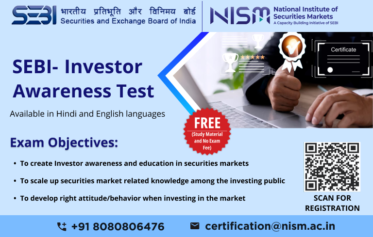 SEBI Investor Certification Examination is now "SEBI Investor Awareness Test".

#commodity #trading #market #traders #protection #regulation #examination #certification #investor #investorawareness #securities #investing #investment #exchange #futuresmarket #sebi #sebiindia