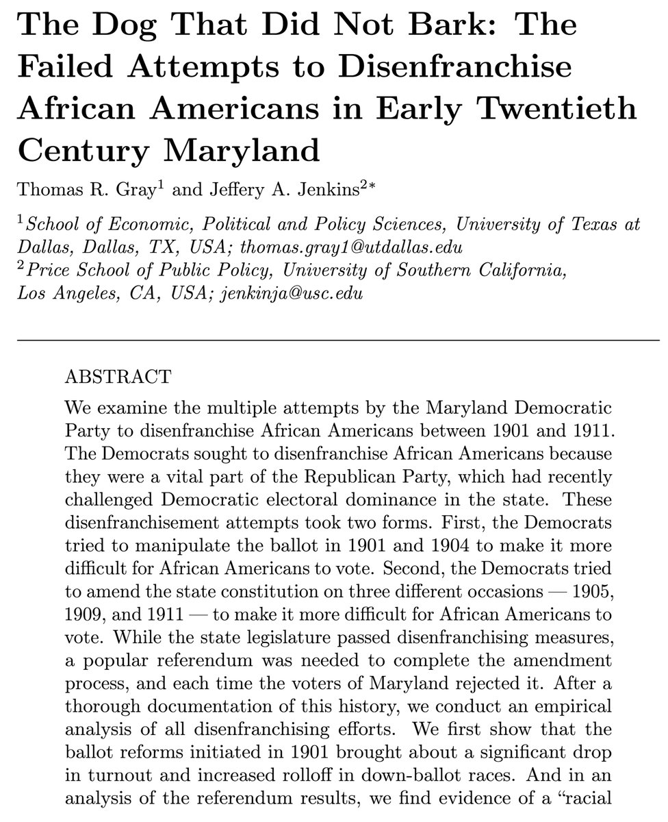 JHPE_journal's tweet image. New in @JHPE_journal: @t_r_gray & @jaj7d examine the multiple attempts by the Maryland Democratic Party to disenfranchise African Americans between 1901 and 1911. nowpublishers.com/article/Detail…