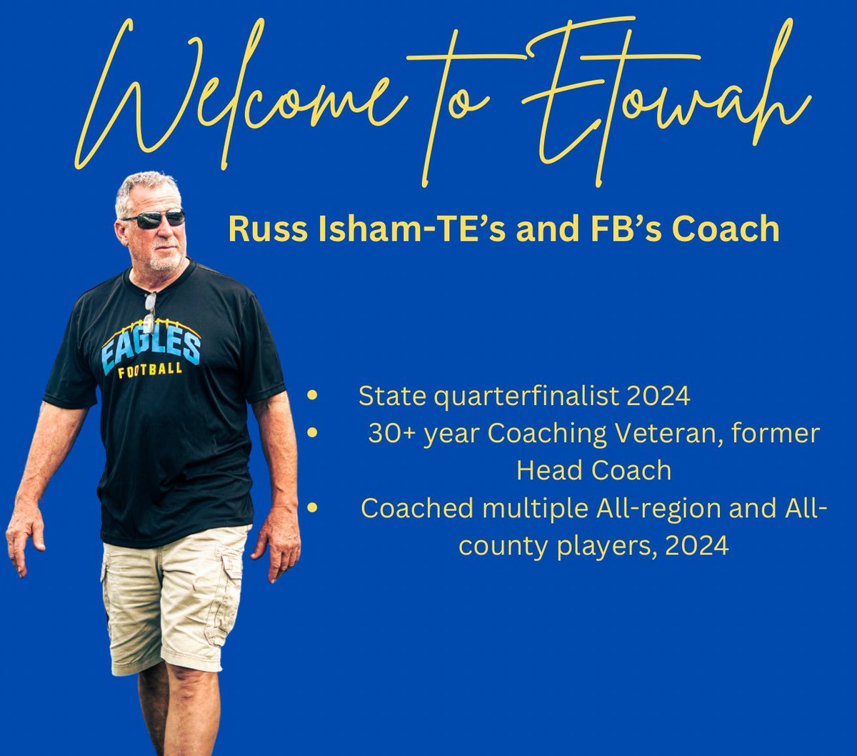 Brett Vavra (@bvav48) on Twitter photo Excited to announce Coach Russ Isham as the TEโs/FBโs Coach at <a href="/etowahfootball/">Etowah Eagles Football</a> !Coach Isham brings a wealth of knowledge and experience to the program and we are grateful to have him. ๐ฆ
๐ฆ
๐ฆ
๐ฅ๐ฅ๐ฅ Excited to announce Coach Russ Isham as the TEโs/FBโs Coach at <a href="/etowahfootball/">Etowah Eagles Football</a> !Coach Isham brings a wealth of knowledge and experience to the program and we are grateful to have him. ๐ฆ
๐ฆ
๐ฆ
๐ฅ๐ฅ๐ฅ