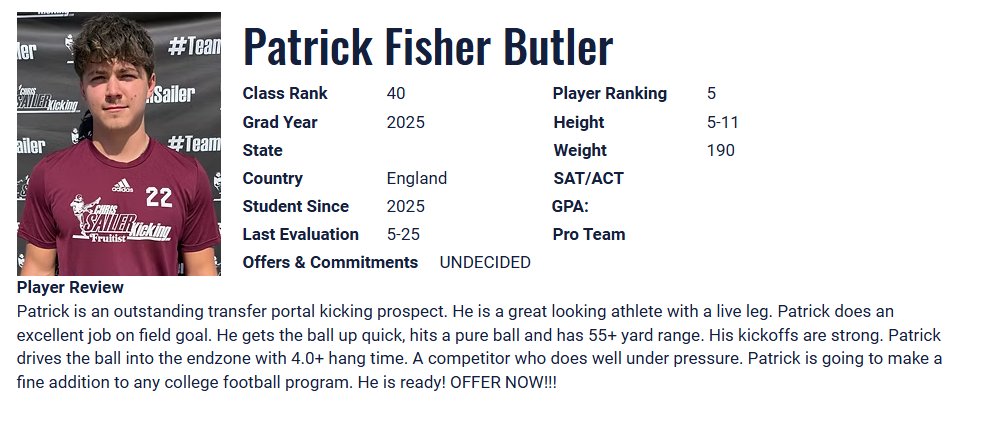 Coach Brad Charalambous (@charalambousb) on Twitter photo Coaches <a href="/patrickf_b/">Patrick Fisher-Butler// 5 ⭐️D1 FCS Transfer Kicker</a> is still looking for a home !
chrissailerkicking.com/player-ranking… Coaches <a href="/patrickf_b/">Patrick Fisher-Butler// 5 ⭐️D1 FCS Transfer Kicker</a> is still looking for a home !
chrissailerkicking.com/player-ranking…