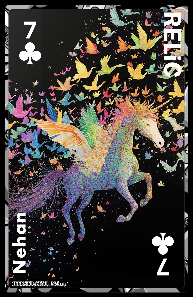 #RELiCPOKER  にて、【7♣】
ねはんが担当させていただきました。

友人の夢から着想を得たこの作品、千羽鶴の羽をもったユニコーンをイメージしています。

千羽鶴はさまざまな願いを込めて贈られる伝統的な文化
純粋さ、無邪気さ、力、貞潔さなどの象徴とも言われているユニコーン