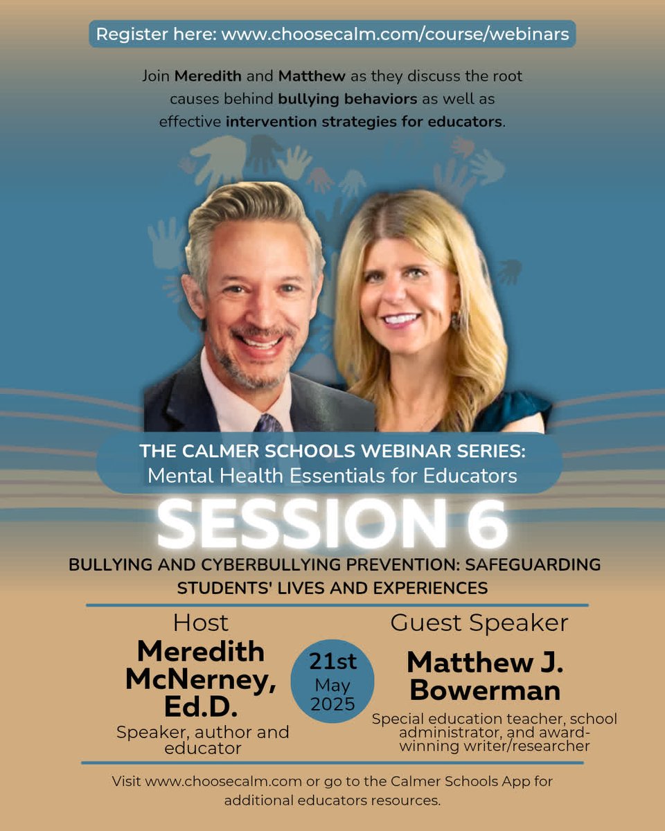 Meredith McNerney (@calmerschools) on Twitter photo 🎓 Calmer Schools Webinar Series: Mental Health Essentials for Educators
📅 Session 6: Bullying and Cyberbullying — Safeguarding Students' Lives and Experiences
🗓️ May 21, 2025 | 💻 Free Online Webinar
choosecalm.com/course/webinars
#CalmerSchools #MentalHealthMatters 🎓 Calmer Schools Webinar Series: Mental Health Essentials for Educators
📅 Session 6: Bullying and Cyberbullying — Safeguarding Students' Lives and Experiences
🗓️ May 21, 2025 | 💻 Free Online Webinar
choosecalm.com/course/webinars
#CalmerSchools #MentalHealthMatters