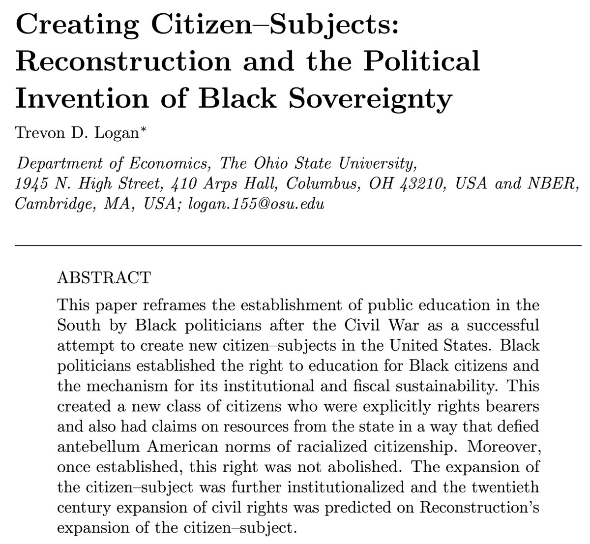 JHPE_journal's tweet image. New in @JHPE_journal: @TrevonDLogan reframes the establishment of public education in the South by Black politicians after the Civil War as a successful attempt to create new citizen–subjects in the United States. nowpublishers.com/article/Detail…
